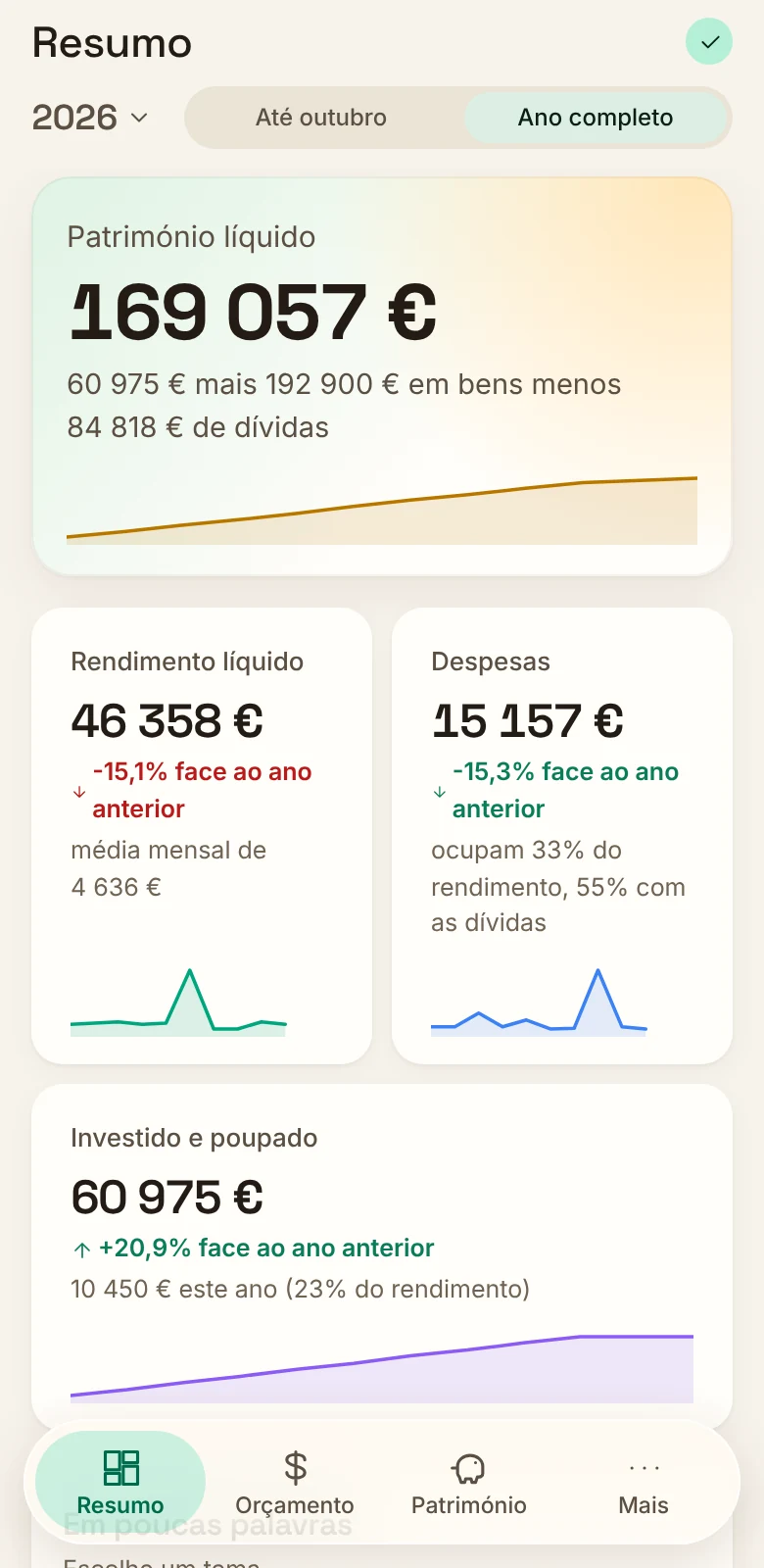 Ecrã de resumo da aplicação Contas à Vida num telemóvel